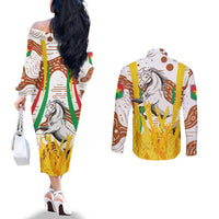 Burkina Faso Couples Matching Off The Shoulder Long Sleeve Dress and Long Sleeve Button Shirt with Brown White Yellow Abstract Design - Wonder Print Shop