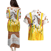 Burkina Faso Couples Matching Puletasi and Hawaiian Shirt with Brown White Yellow Abstract Design - Wonder Print Shop