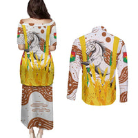 Burkina Faso Couples Matching Puletasi and Long Sleeve Button Shirt with Brown White Yellow Abstract Design - Wonder Print Shop
