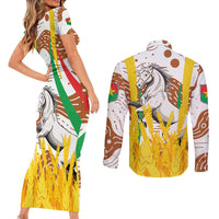 Burkina Faso Couples Matching Short Sleeve Bodycon Dress and Long Sleeve Button Shirt with Brown White Yellow Abstract Design - Wonder Print Shop