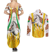 Burkina Faso Couples Matching Summer Maxi Dress and Long Sleeve Button Shirt with Brown White Yellow Abstract Design - Wonder Print Shop