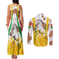 Burkina Faso Couples Matching Tank Maxi Dress and Long Sleeve Button Shirt with Brown White Yellow Abstract Design - Wonder Print Shop
