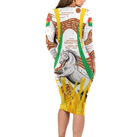 Burkina Faso Long Sleeve Bodycon Dress with Brown White Yellow Abstract Design - Wonder Print Shop