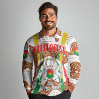 Burkina Faso Long Sleeve Polo Shirt with Brown White Yellow Abstract Design - Wonder Print Shop