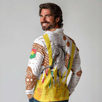 Burkina Faso Long Sleeve Polo Shirt with Brown White Yellow Abstract Design - Wonder Print Shop