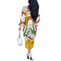 Burkina Faso Off The Shoulder Long Sleeve Dress with Brown White Yellow Abstract Design - Wonder Print Shop