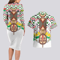 Burkina Faso Couples Matching Long Sleeve Bodycon Dress and Hawaiian Shirt with Red Green Black Geometric Design - Wonder Print Shop
