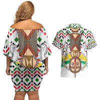 Burkina Faso Couples Matching Off Shoulder Short Dress and Hawaiian Shirt with Red Green Black Geometric Design - Wonder Print Shop