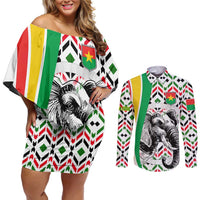 Burkina Faso Couples Matching Off Shoulder Short Dress and Long Sleeve Button Shirt with Red Green Black Geometric Design - Wonder Print Shop