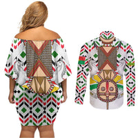 Burkina Faso Couples Matching Off Shoulder Short Dress and Long Sleeve Button Shirt with Red Green Black Geometric Design - Wonder Print Shop
