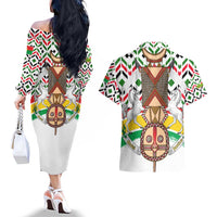 Burkina Faso Couples Matching Off The Shoulder Long Sleeve Dress and Hawaiian Shirt with Red Green Black Geometric Design - Wonder Print Shop