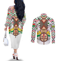 Burkina Faso Couples Matching Off The Shoulder Long Sleeve Dress and Long Sleeve Button Shirt with Red Green Black Geometric Design - Wonder Print Shop