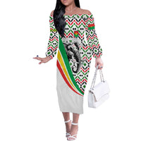 Burkina Faso Off The Shoulder Long Sleeve Dress with Red Green Black Geometric Design - Wonder Print Shop