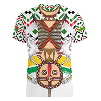 Burkina Faso Women V-Neck T-Shirt with Red Green Black Geometric Design - Wonder Print Shop