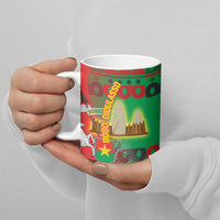 Burkina Faso Ceramic Mug with Red Green Tribal Design and Bobo Dioulasso Landmark - Wonder Print Shop