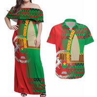 Burkina Faso Couples Matching Off Shoulder Maxi Dress and Hawaiian Shirt with Red Green Tribal Design and Bobo Dioulasso Landmark - Wonder Print Shop