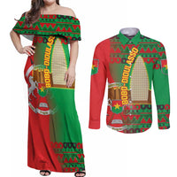 Burkina Faso Couples Matching Off Shoulder Maxi Dress and Long Sleeve Button Shirt with Red Green Tribal Design and Bobo Dioulasso Landmark - Wonder Print Shop