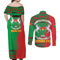 Burkina Faso Couples Matching Off Shoulder Maxi Dress and Long Sleeve Button Shirt with Red Green Tribal Design and Bobo Dioulasso Landmark - Wonder Print Shop