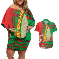 Burkina Faso Couples Matching Off Shoulder Short Dress and Hawaiian Shirt with Red Green Tribal Design and Bobo Dioulasso Landmark - Wonder Print Shop
