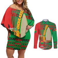 Burkina Faso Couples Matching Off Shoulder Short Dress and Long Sleeve Button Shirt with Red Green Tribal Design and Bobo Dioulasso Landmark - Wonder Print Shop