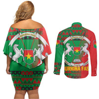 Burkina Faso Couples Matching Off Shoulder Short Dress and Long Sleeve Button Shirt with Red Green Tribal Design and Bobo Dioulasso Landmark - Wonder Print Shop
