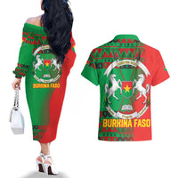 Burkina Faso Couples Matching Off The Shoulder Long Sleeve Dress and Hawaiian Shirt with Red Green Tribal Design and Bobo Dioulasso Landmark - Wonder Print Shop