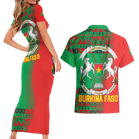 Burkina Faso Couples Matching Short Sleeve Bodycon Dress and Hawaiian Shirt with Red Green Tribal Design and Bobo Dioulasso Landmark - Wonder Print Shop