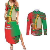 Burkina Faso Couples Matching Summer Maxi Dress and Long Sleeve Button Shirt with Red Green Tribal Design and Bobo Dioulasso Landmark - Wonder Print Shop