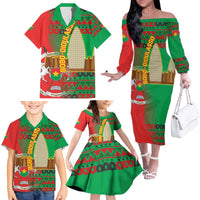 Burkina Faso Family Matching Off The Shoulder Long Sleeve Dress and Hawaiian Shirt with Red Green Tribal Design and Bobo Dioulasso Landmark - Wonder Print Shop