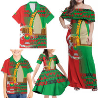 Burkina Faso Family Matching Off Shoulder Maxi Dress and Hawaiian Shirt with Red Green Tribal Design and Bobo Dioulasso Landmark - Wonder Print Shop