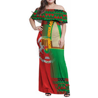 Burkina Faso Family Matching Off Shoulder Maxi Dress and Hawaiian Shirt with Red Green Tribal Design and Bobo Dioulasso Landmark - Wonder Print Shop