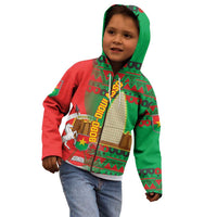 Burkina Faso Kid Hoodie with Red Green Tribal Design and Bobo Dioulasso Landmark - Wonder Print Shop