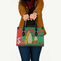 Burkina Faso Leather Bag with Red Green Tribal Design and Bobo Dioulasso Landmark - Wonder Print Shop