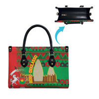 Burkina Faso Leather Bag with Red Green Tribal Design and Bobo Dioulasso Landmark - Wonder Print Shop
