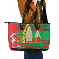 Burkina Faso Leather Tote Bag with Red Green Tribal Design and Bobo Dioulasso Landmark - Wonder Print Shop