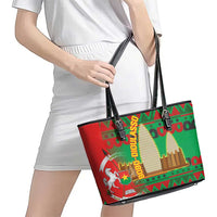 Burkina Faso Leather Tote Bag with Red Green Tribal Design and Bobo Dioulasso Landmark - Wonder Print Shop