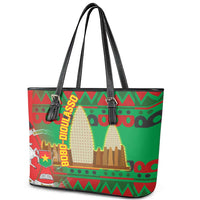Burkina Faso Leather Tote Bag with Red Green Tribal Design and Bobo Dioulasso Landmark - Wonder Print Shop