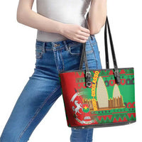 Burkina Faso Leather Tote Bag with Red Green Tribal Design and Bobo Dioulasso Landmark - Wonder Print Shop