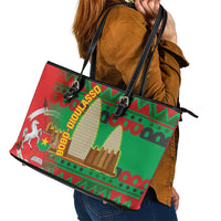 Burkina Faso Leather Tote Bag with Red Green Tribal Design and Bobo Dioulasso Landmark - Wonder Print Shop