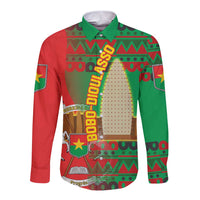 Burkina Faso Long Sleeve Button Shirt with Red Green Tribal Design and Bobo Dioulasso Landmark - Wonder Print Shop