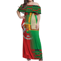Burkina Faso Off Shoulder Maxi Dress with Red Green Tribal Design and Bobo Dioulasso Landmark - Wonder Print Shop
