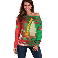 Burkina Faso Off Shoulder Sweater with Red Green Tribal Design and Bobo Dioulasso Landmark - Wonder Print Shop