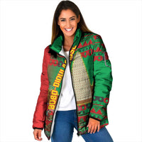 Burkina Faso Padded Jacket with Red Green Tribal Design and Bobo Dioulasso Landmark - Wonder Print Shop