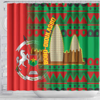 Burkina Faso Shower Curtain with Red Green Tribal Design and Bobo Dioulasso Landmark - Wonder Print Shop