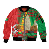 Burkina Faso Sleeve Zip Bomber Jacket with Red Green Tribal Design and Bobo Dioulasso Landmark - Wonder Print Shop