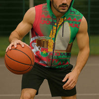 Burkina Faso Sleeveless Zip Hoodie with Red Green Tribal Design and Bobo Dioulasso Landmark - Wonder Print Shop