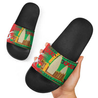 Burkina Faso Slide Sandals with Red Green Tribal Design and Bobo Dioulasso Landmark - Wonder Print Shop