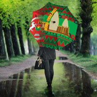 Burkina Faso Umbrella with Red Green Tribal Design and Bobo Dioulasso Landmark - Wonder Print Shop