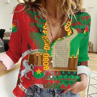 Burkina Faso Women Casual Shirt with Red Green Tribal Design and Bobo Dioulasso Landmark - Wonder Print Shop