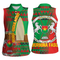 Burkina Faso Women Sleeveless Polo Shirt with Red Green Tribal Design and Bobo Dioulasso Landmark - Wonder Print Shop